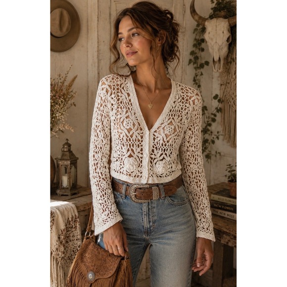Contempo Sweaters - Vtg 90s Contempo White Cropped Crochet Cardigan Sweater Coquette Cottagecore M